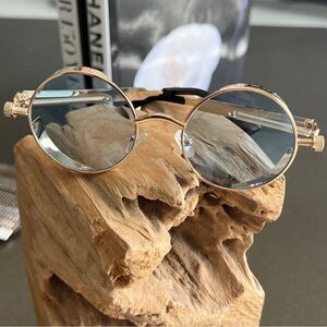 HIGH INTELLECT Round Sunglasses Retro Steampunk In Gold Frame Blue Lenses.